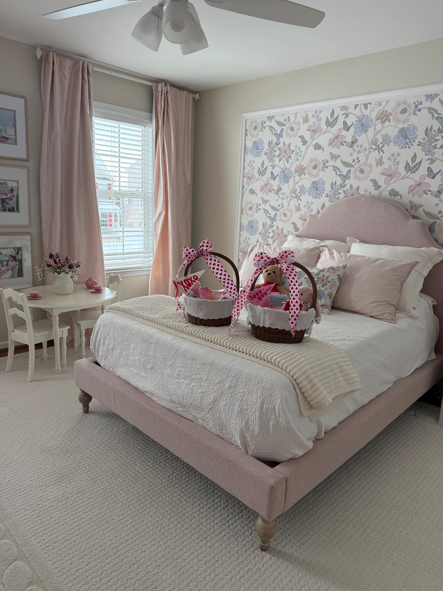 Girls room, girls room decor, play room, floral wallpaper, pink bed, pink bedroom, pottery barn kids