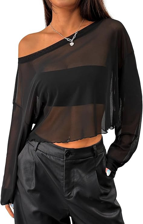 SOFIA'S CHOICE Women's Sexy Off Shoulder Long Sleeve Crop Tops Boat Neck Loose Asymmetrical Top | Amazon (US)