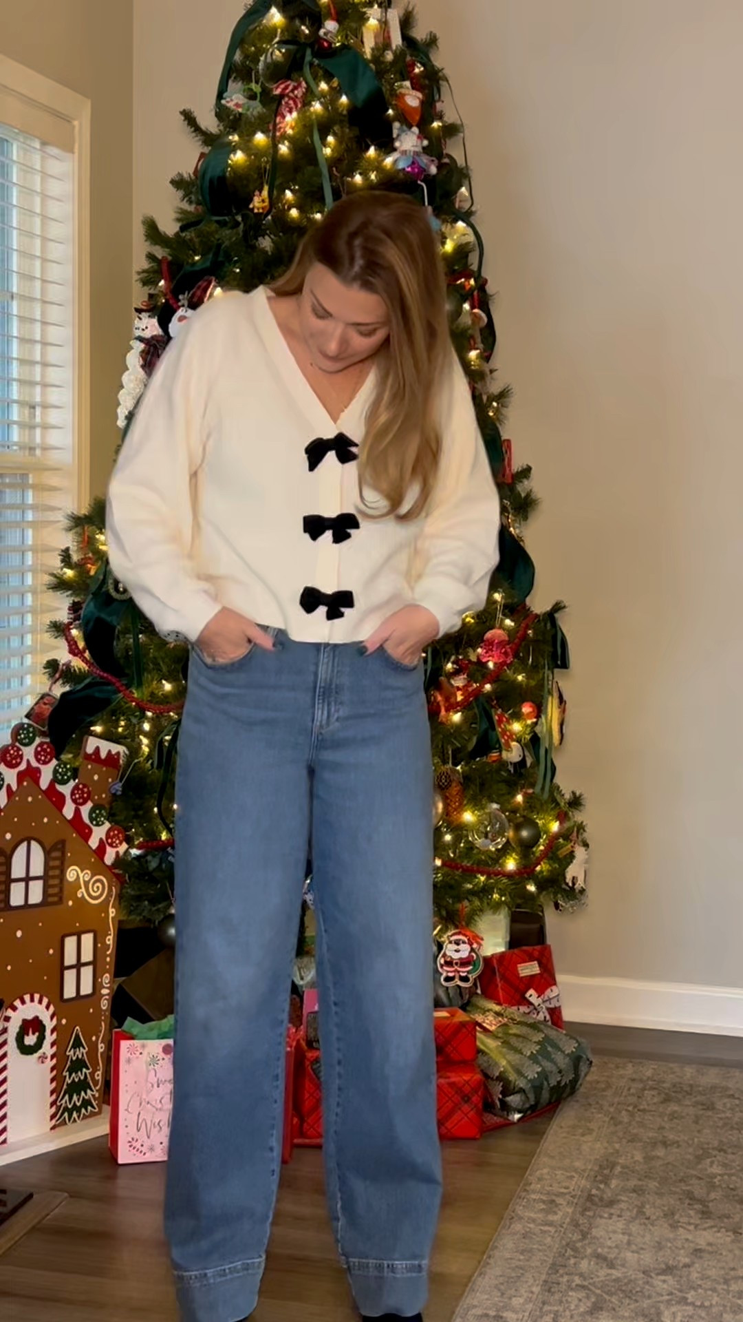 Women’s Bow sweater and wide leg high rise jeans.. 

#LTKmomlife #LTKootd #LTKHoliday