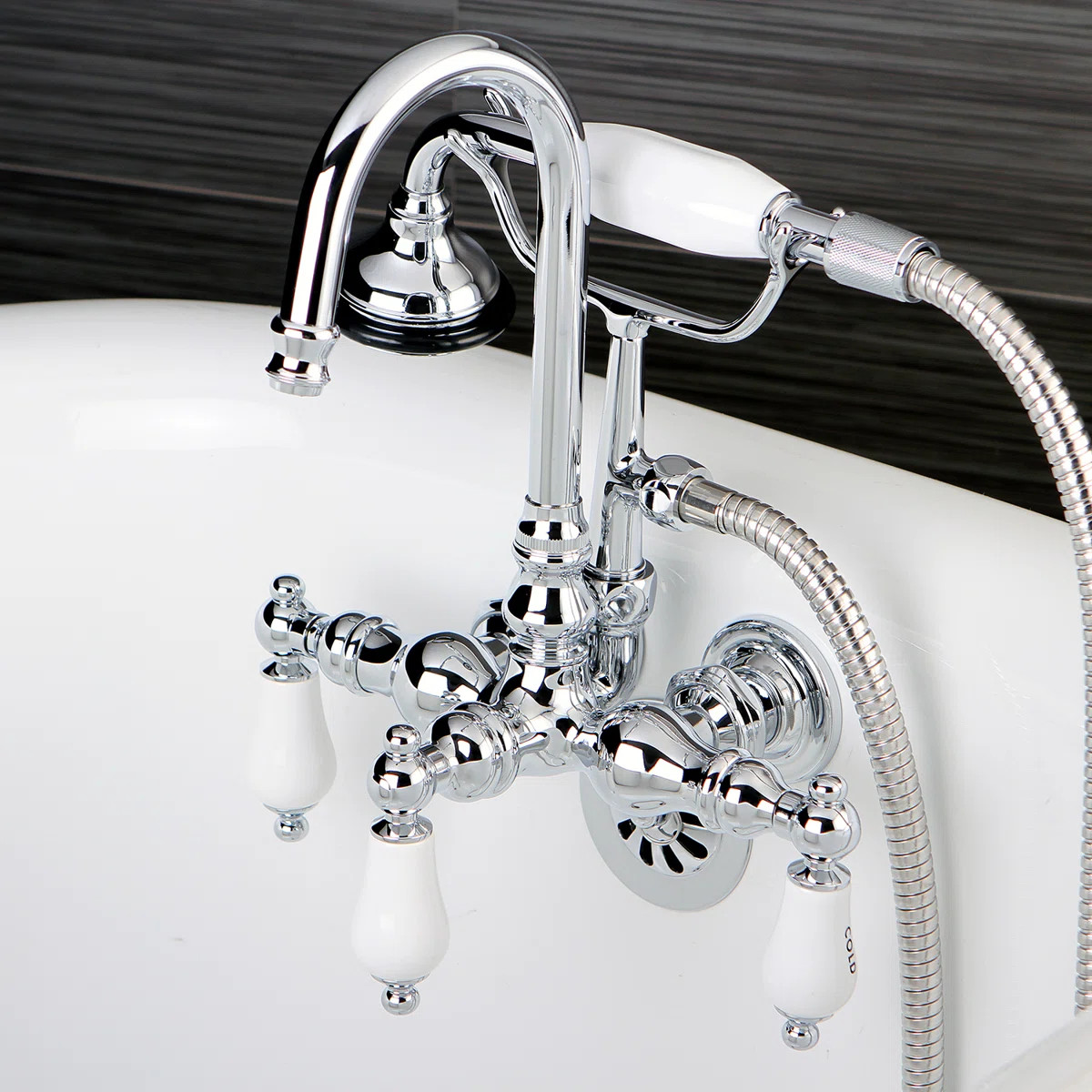 Kingston Brass Aqua Vintage Three-Handle 2-Hole Tub Wall Mount Clawfoot Tub Faucet with Hand Show... | Wayfair North America