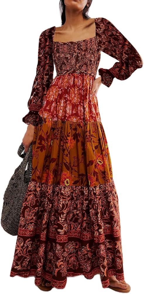 Women Fall Dresses Flowy Smocked Maxi Dress Long Sleeve Square Neck Boho Dresses Y2k Floral Party... | Amazon (US)