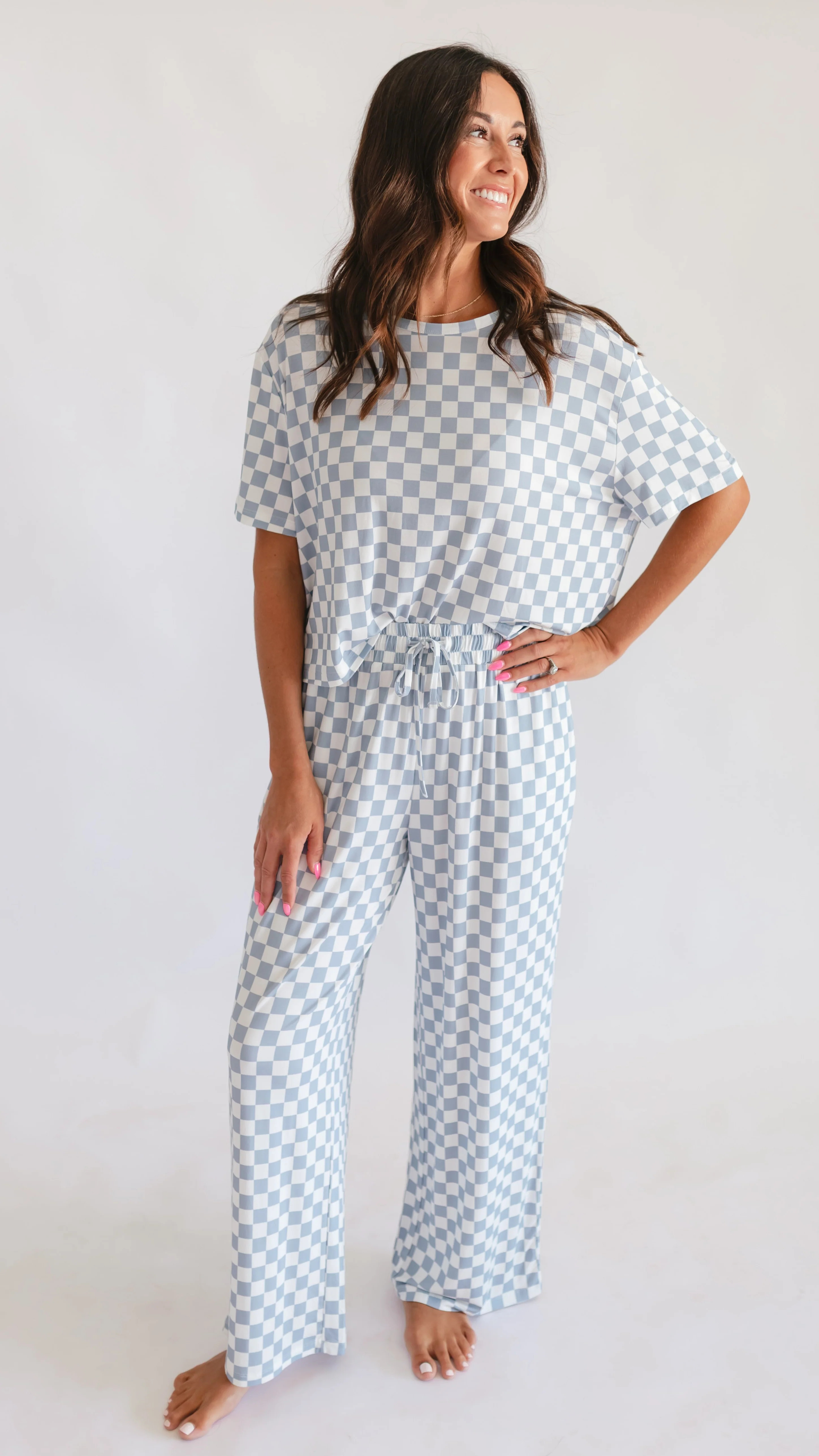 Women's T-Shirt and Pants Set in Cornflower Blue Checkered | Silks Design