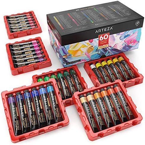 Arteza Acrylic Paint, Set of 60 Colors/Tubes (0.74 oz, 22 ml) with Storage Box, Rich Pigments, No... | Amazon (US)