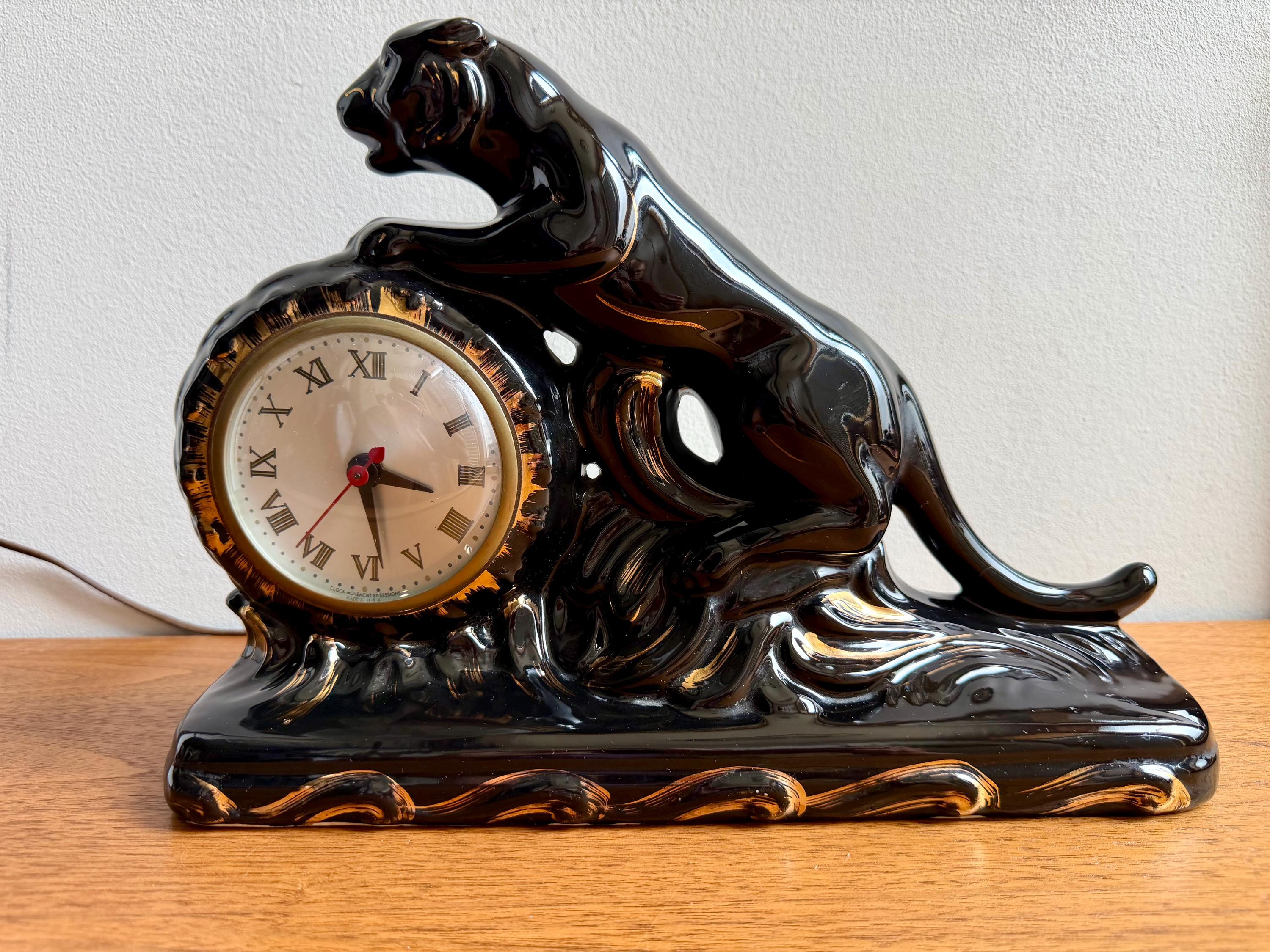 Vintage 1950s Mid Century Modern Hand Painted Gold Black Panther Ceramic Mantle Clock | Etsy (Global)
