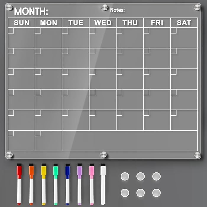 Acrylic Fridge Calendar, Magnetic Monthly Planner with 8 Color Markers, Clear Dry Erase Board for... | Amazon (US)