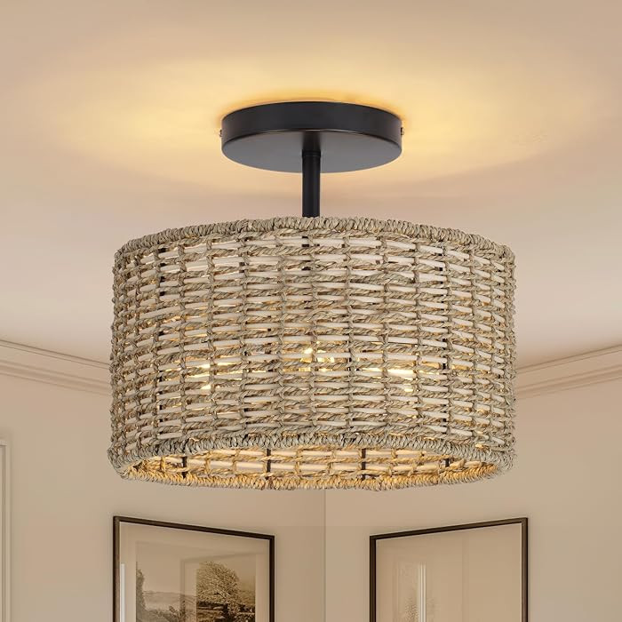 Boho Light Fixtures Ceiling Mount,12.6" Rattan Ceiling Light Fxiture,3-Light Semi Flush Mount Lig... | Amazon (US)