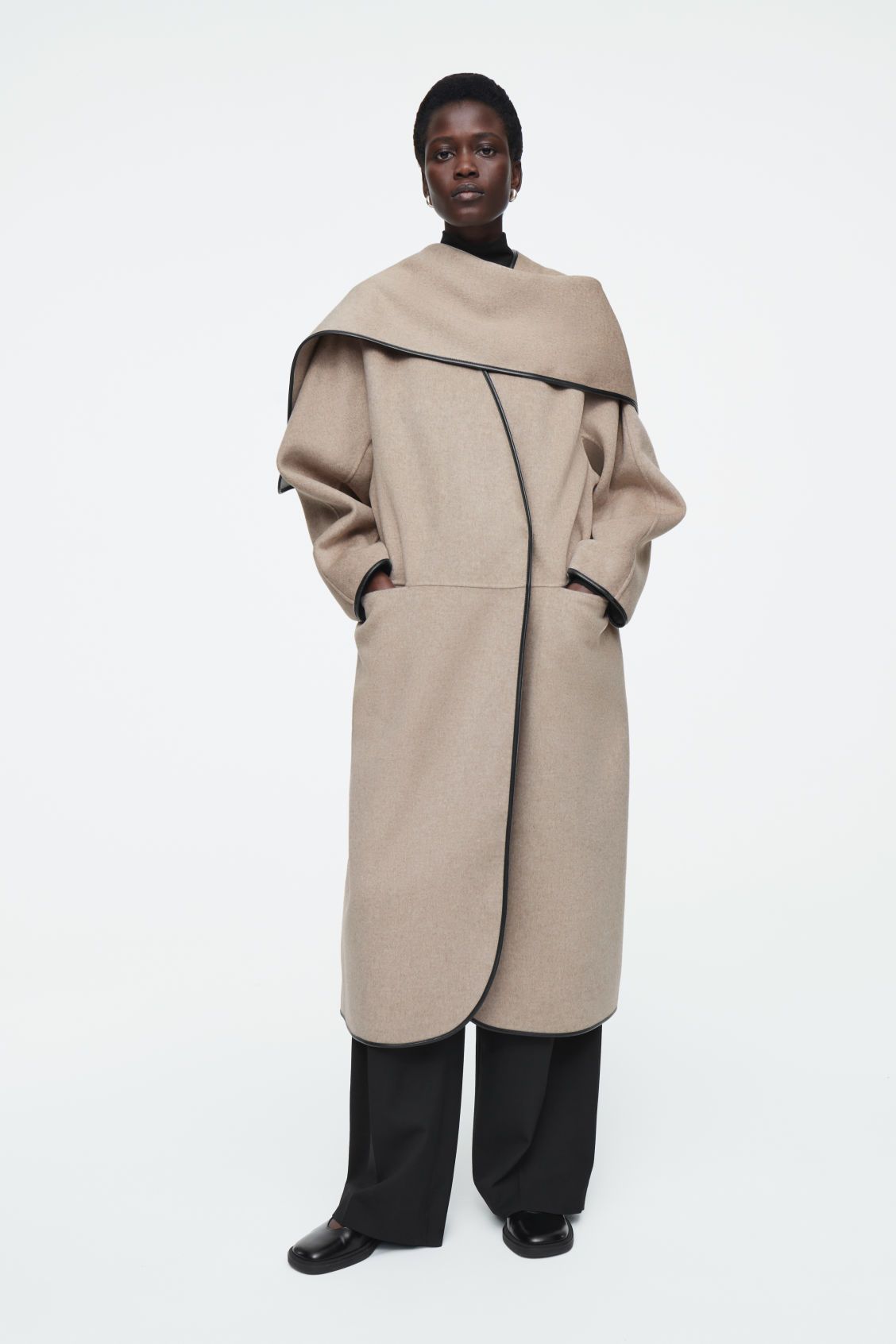 LEATHER-TRIMMED WOOL SCARF COAT - BEIGE - Coats and Jackets - COS | COS (US)