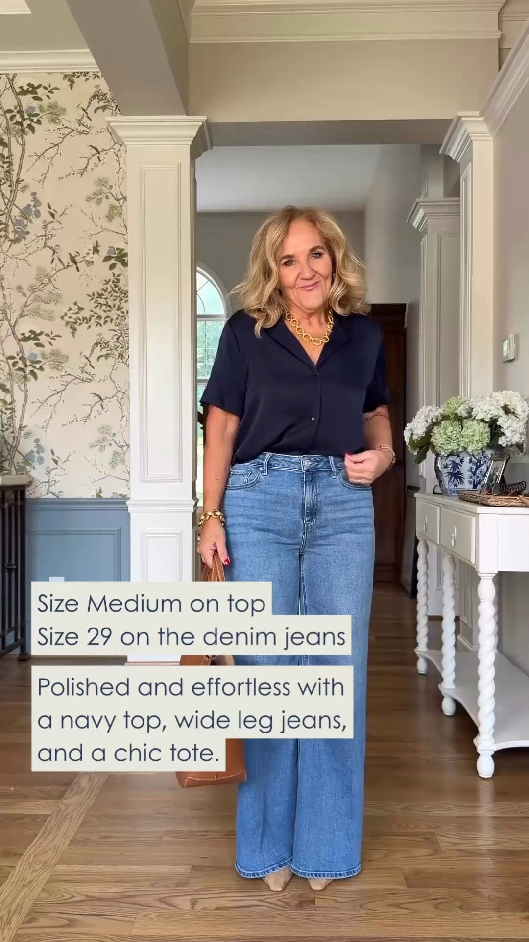 This navy top and wide-leg jeans are such an easy polished combination. The relaxed denim keeps it comfortable, while the structured tote pulls everything together. Wearing size Medium in the top and size 29 in the jeans.

💡 LTK MADE EASY
❤️ Heart = Support my posts!
🔖 Save = Get sale & restock alerts
📋 Lists = Keep favorites organized
📲 Share = Send lists and products to a friend. Hello, Christmas List!
💬 Comment = Ask me anything about what I'm wearing.:-)

#LTKootd #LTKWorkwear #LTKOver40