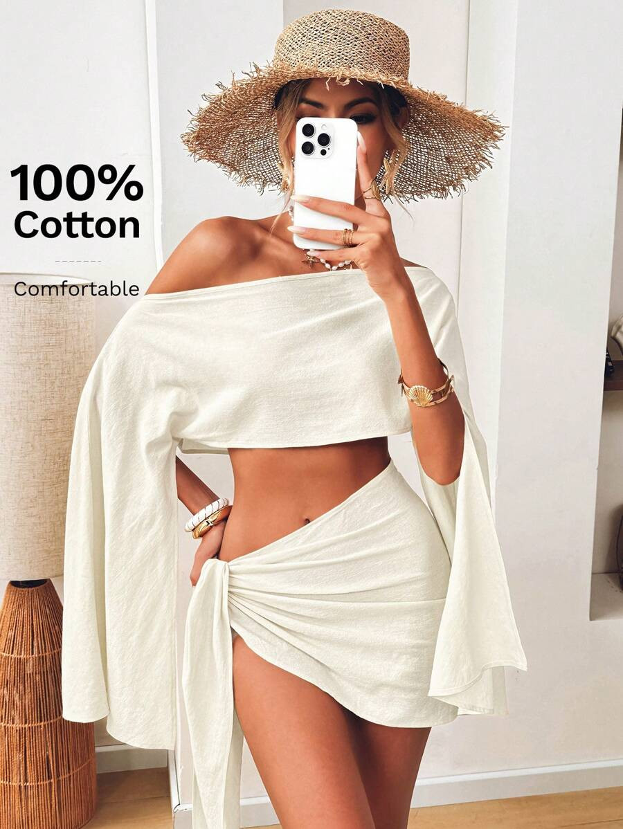 SHEIN VCAY 2pcs Women's Casual Solid Color Off-Shoulder Cropped Top & Asymmetrical Hem Skirt Set | SHEIN