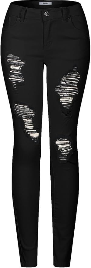 2LUV Women's Stretchy 5 Pocket Destroyed Dark Denim Skinny JeansÂ | Amazon (US)