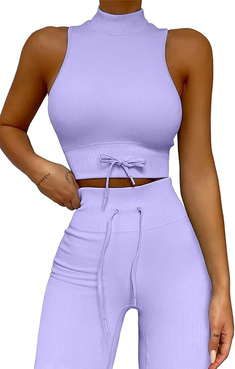 QINSEN Ribbed Workout Sets for Women Seamless High Neck Sport Bra Tummy Control Yoga Leggings 2 P... | Amazon (US)