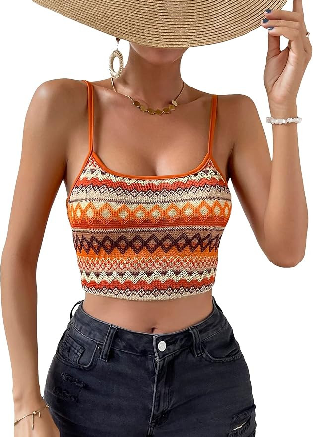 SHENHE Women's Boho Geo Print Spaghetti Strap Crop Fitted Tank Camisole Summer Top | Amazon (US)