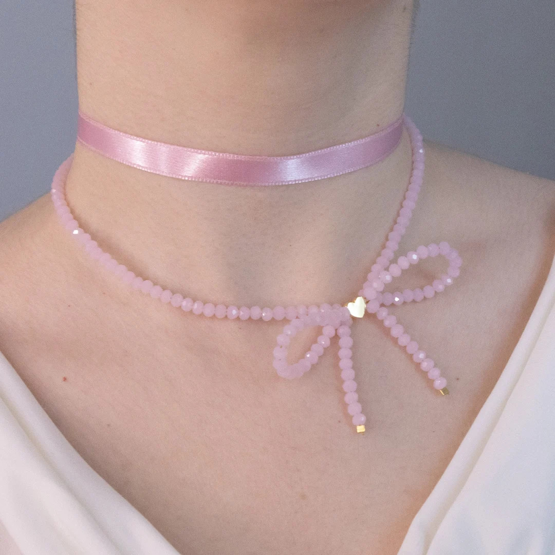 Pink Crystal Bead Necklace Set: Satin Ribbon Choker, Balletcore Jewelry | Etsy (Global)