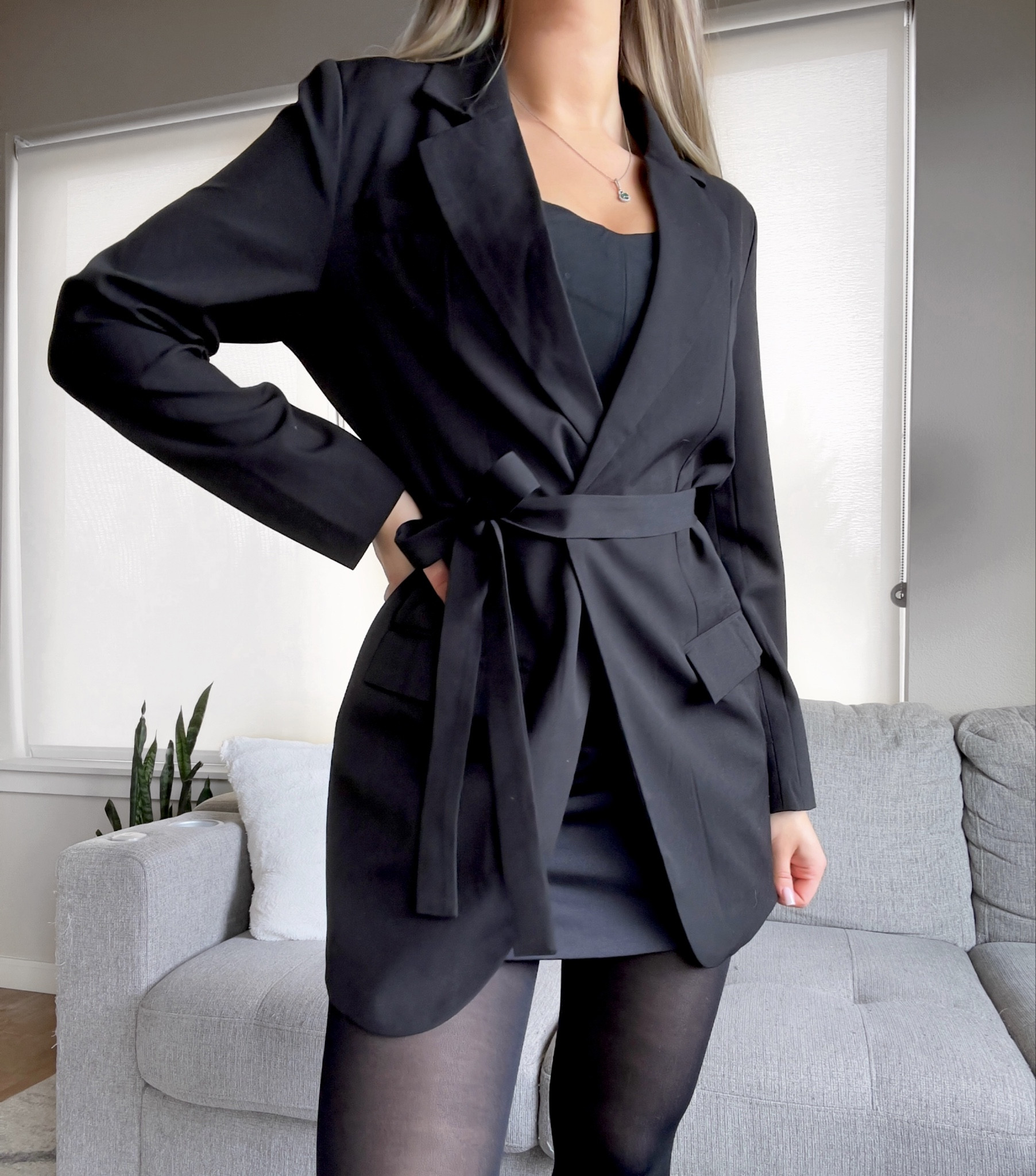 Love the style of this blazer. It is the length of a short dress and looks super cute and chic when paired with tights and black accents. 

#LTKCyberSaleES #LTKGiftGuide #LTKstyletip