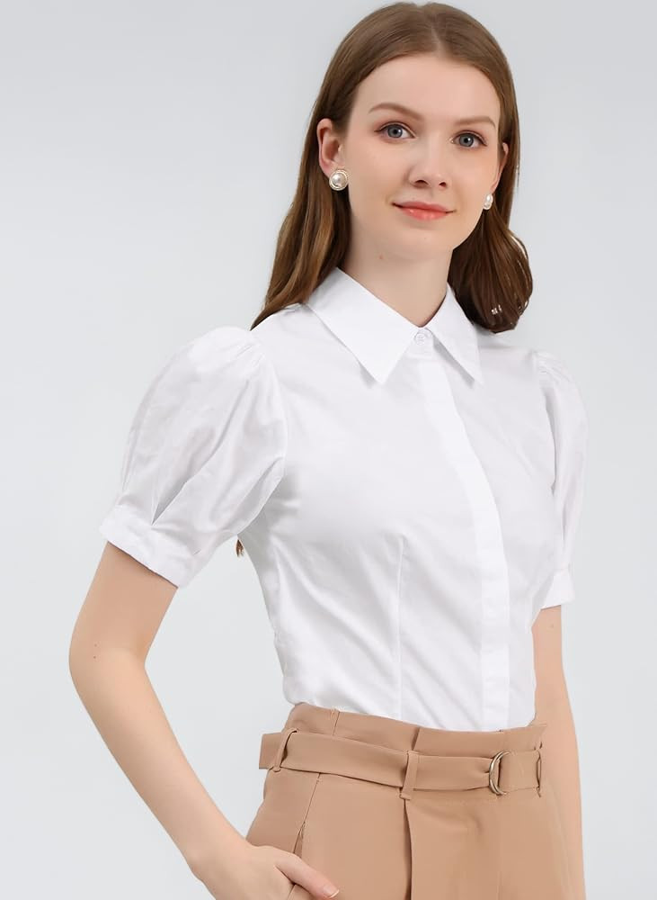 Allegra K Women's Work Office Button Down Shirt Puff Sleeve Collared Short Sleeve Fashion Top | Amazon (UK)