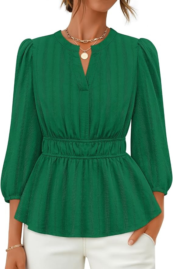 ZESICA Women's 2026 Fall Babydoll Peplum Tops V Neck Puff 3/4 Length Sleeve Shirts Dressy Casual ... | Amazon (US)