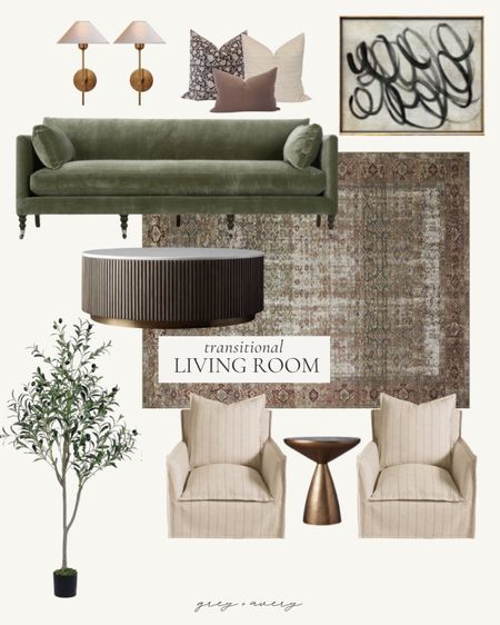 Transitional living room moodboard 

Velvet sofa, Amber Lewis loloi rug, striped armchairs, round fluted coffee table, brass sconces, McGee and Co., olive tree

#LTKhome
