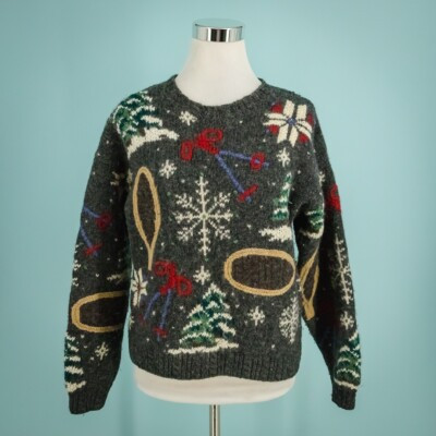REI Knitted By Hand Size Small S Gray Snow Shoe Winter Ski Resort Wool Sweater | eBay US