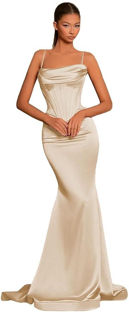 Satin Prom Dresses for Women 2025 Mermaid Formal Evening Partyes Long Spaghetti Strap Ball Gown P... | Amazon (US)