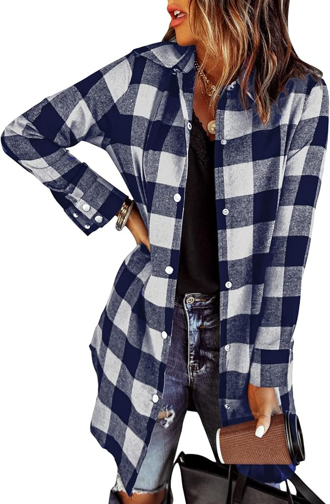 EVALESS Color Block Plaid Shacket Jacket Womens Fall Clothes Fashion Outfits | Amazon (US)