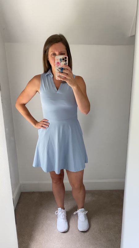 Amazon Dress

Collar. Perfect for golf. 

Detached shorts
V-neck
Pockets in the dress! 
Pockets in the shorts. 

Great color. No built in bra. 
Wearing a S. Recommend sizing up however  

#LTKunder50 #LTKFitness #LTKtravel