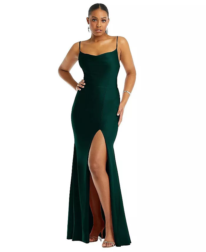 Cowl-Neck Open Tie-Back Stretch Satin Mermaid Dress with Slight Train | Macy's