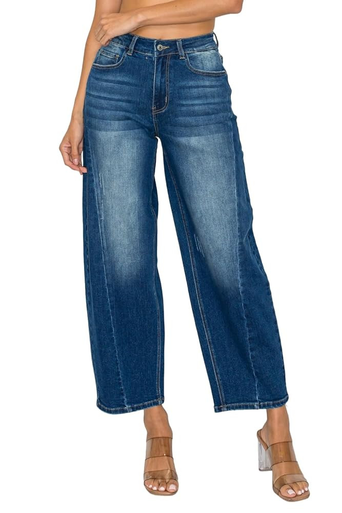 PREJEAN Baggy Barrel Jeans for Women Wide Leg Stretch Denim Pants - Comfort Fit Boyfriend Jeans w... | Amazon (US)