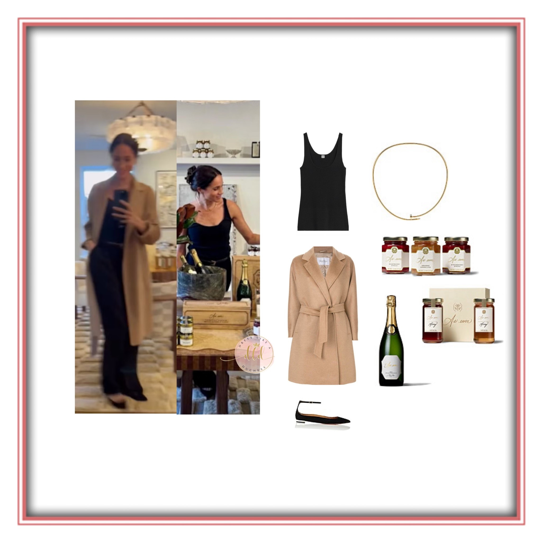 11/26/25 Meghan Markle on Instagram wearing her Max Mara coat + Toteme Compact Knit Tank + Aquazzura Love Affair flats 