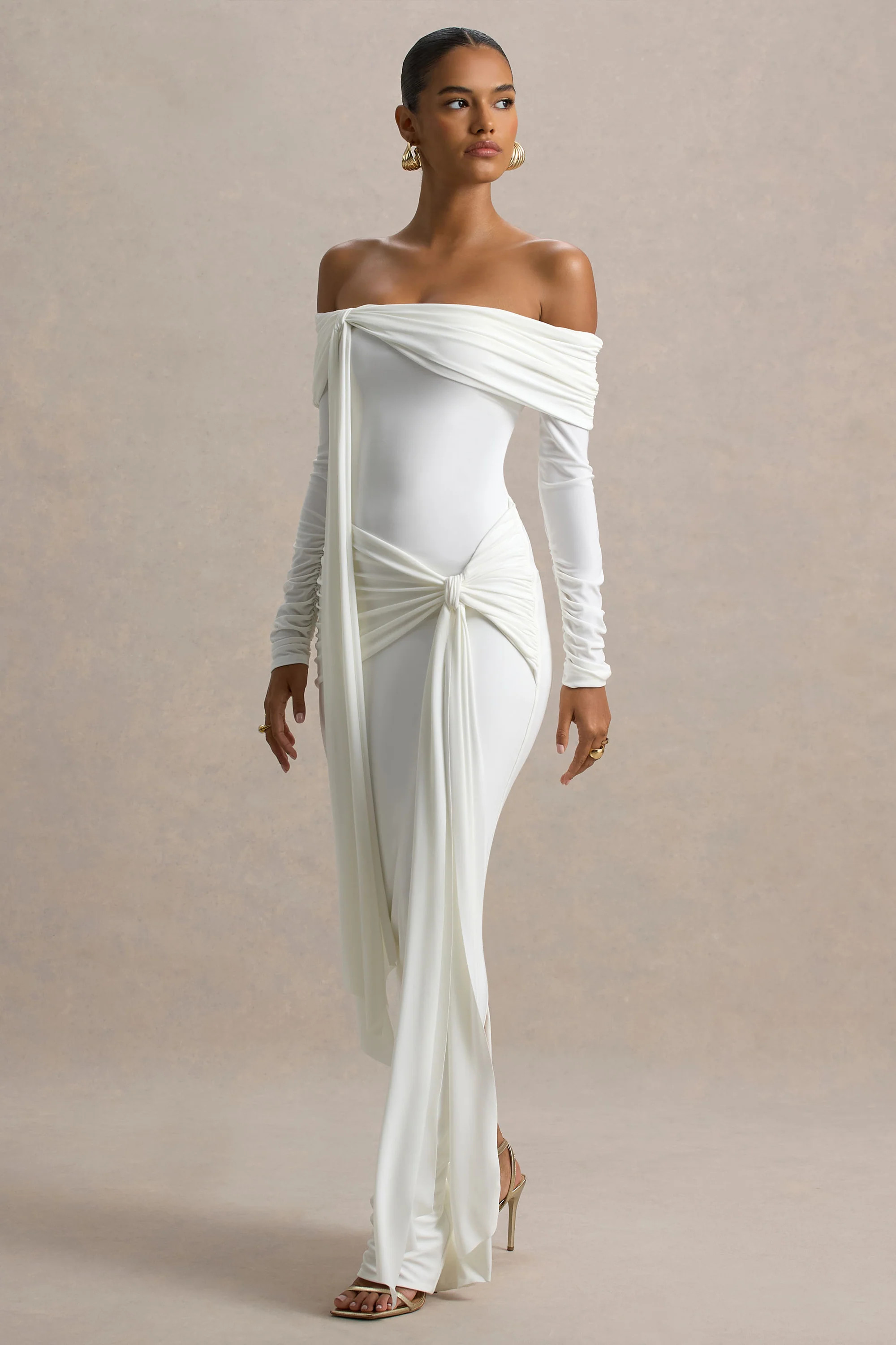 Jovie | White Bardot Wrap Maxi Dress With Sash Detail | Club L London
