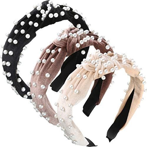 3 Pieces Pearls Headband Wide Hair Hoop Velvet Pearls Headband Vintage Twisted Headwear for Girl Wom | Amazon (US)