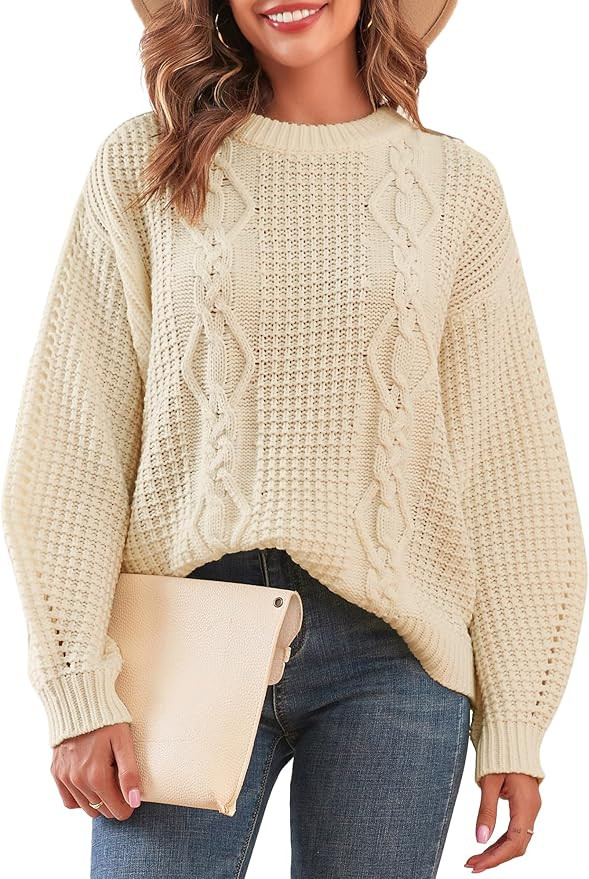 ZAFUL Womens Sweater Cable Knit Oversized Sweaters Crewneck Long Sleeves Casual Knit Pullover Top... | Amazon (US)