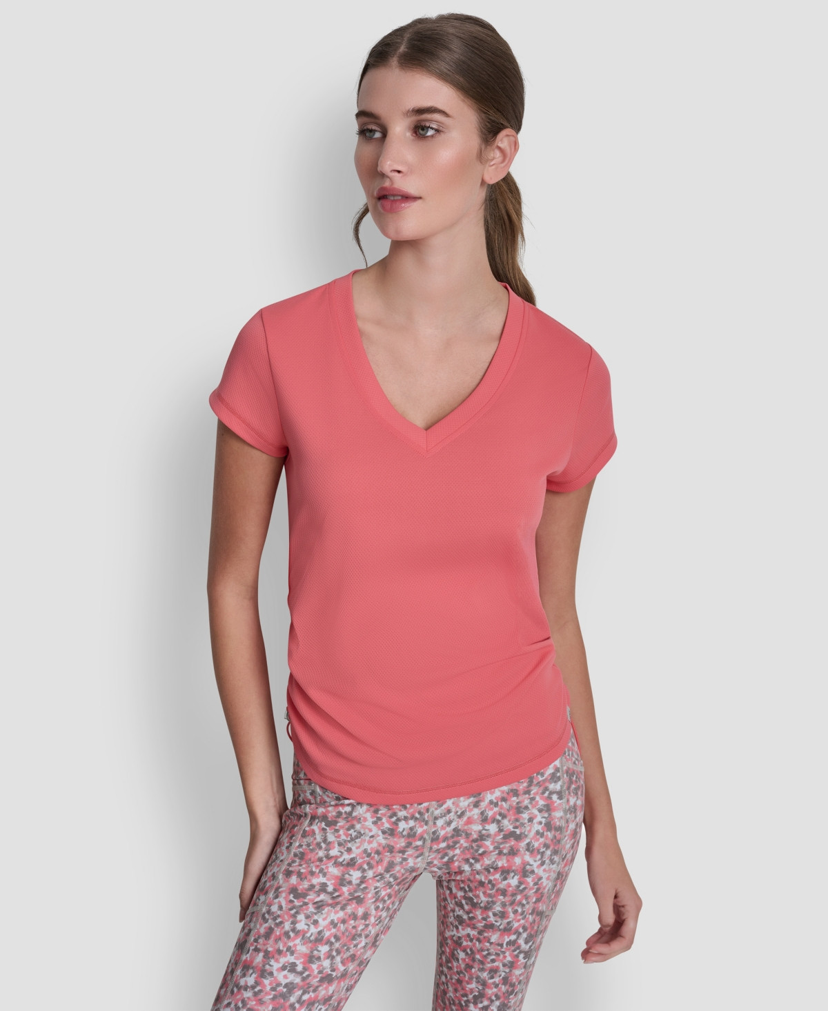 Dkny Sport Women's Ruched Side Seams V-Neck Tech T-Shirt - Sunkissed | Macy's