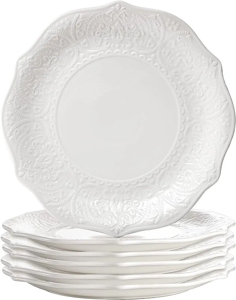 SOUJOY Set of 6 Porcelain Dinner Plate, 10.5'' White Dinner Dish, Embossed Printing Dinnerware Pl... | Amazon (US)