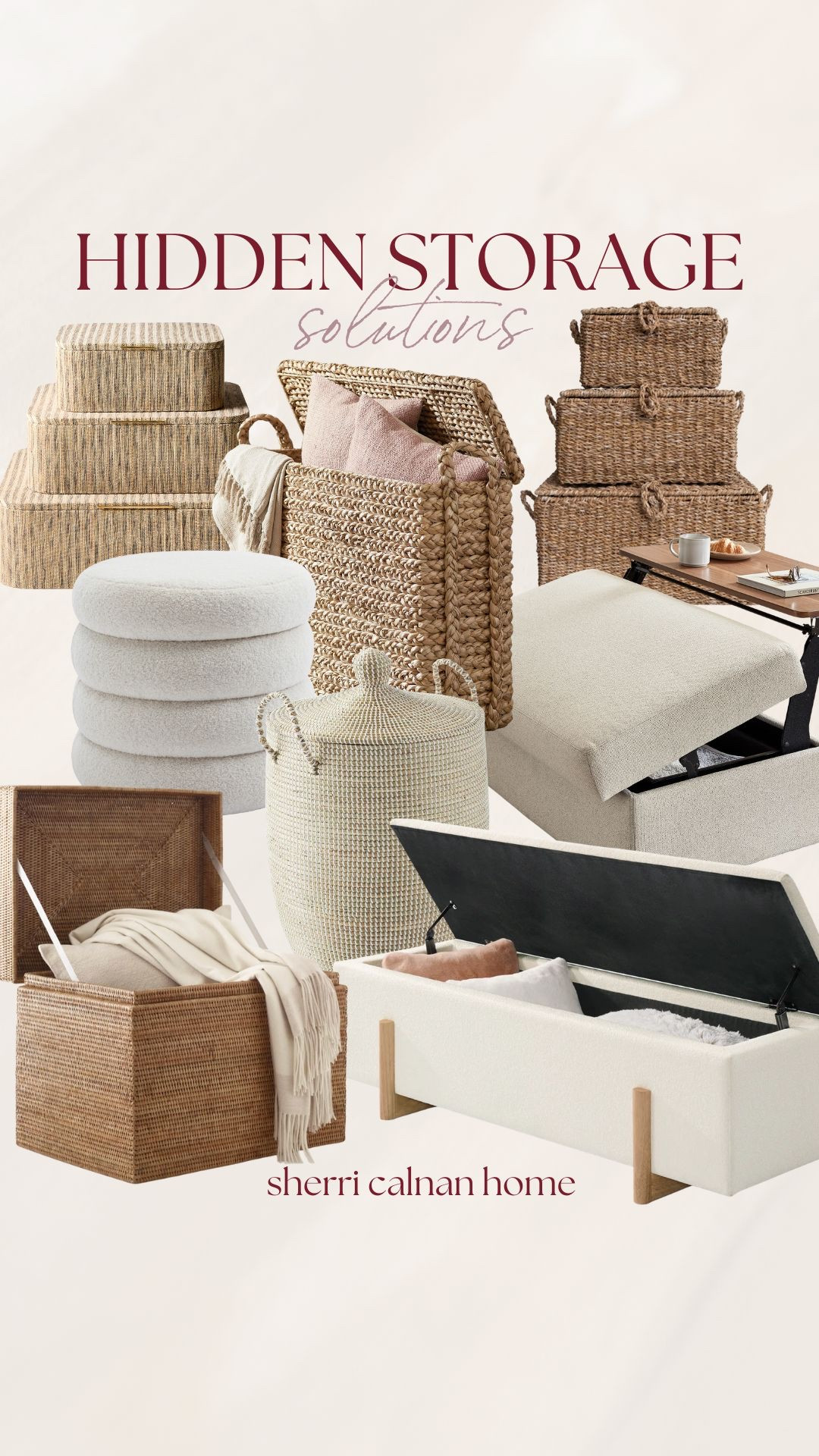 Hidden storage solutions! A neutral home styled with functional storage pieces that blend seamlessly into a calm and elevated space. Hidden storage furniture, neutral home organization, woven storage baskets, functional home decor, coastal neutral style, clutter free home, timeless storage solutions, Sherri calnan home

#LTKmomlife #LTKHome