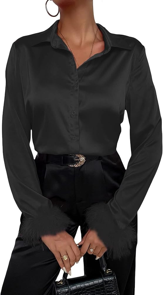 MakeMeChic Women's Satin Blouse Fuzzy Cuff Silk Long Sleeve Button Down Shirt Top | Amazon (US)