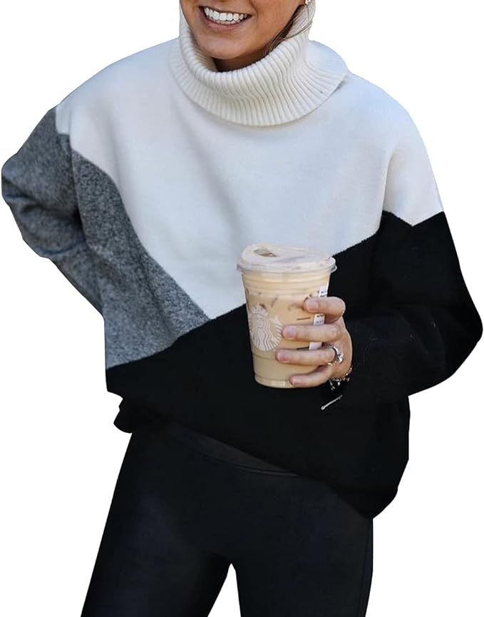KIRUNDO 2021 Winter Women’s Turtleneck Knit Sweater Long Sleeves Pullover Plaid Side Split Chec... | Amazon (US)