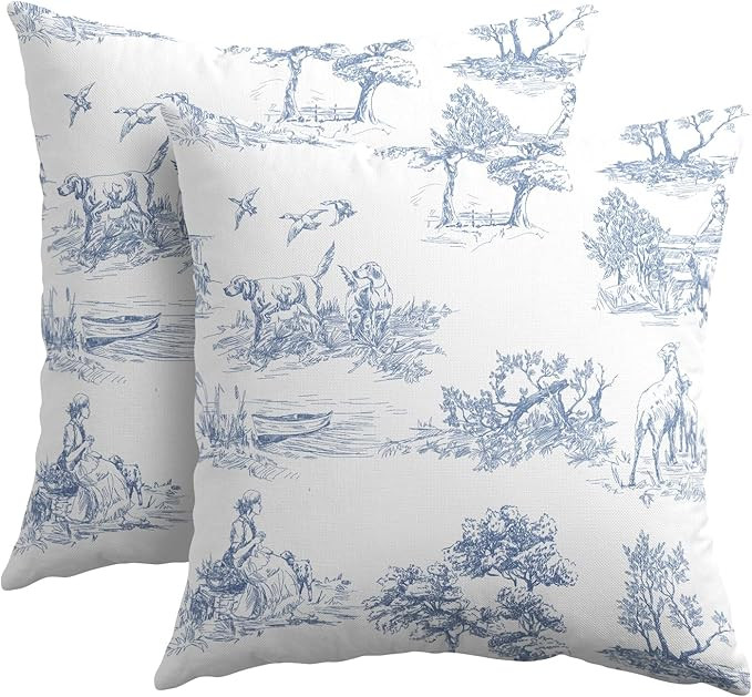 French Country Pillow Covers 18x18 Inch Set of 2 Blue and White Printed Vintage Toile Cottage Dec... | Amazon (US)