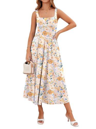 YIOYOLA Womens Dresses for Wedding Guest Beach Sundresses with Pockets Tank Midi Work A Line Dress for Women Casual Summer Vacation(YYL645-Yellow Floral 06,L) | Amazon (US)