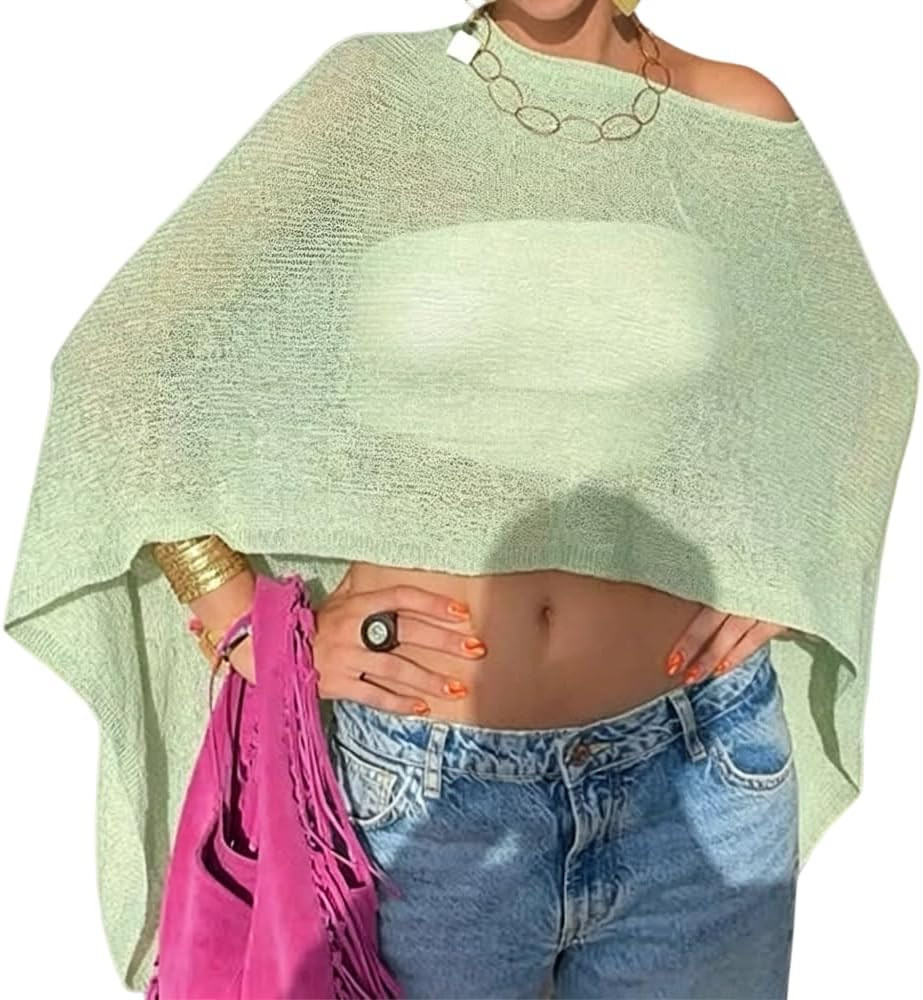 Seyurigaoka Womens Sheer Poncho Top Lightweight Knit Shrug Shawl Off The Shoulder Mesh Blouse Cov... | Amazon (US)
