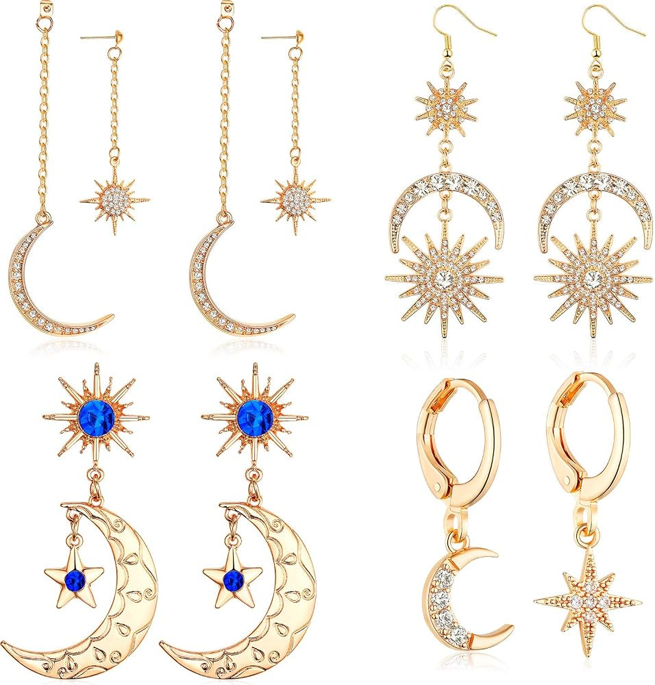 4 Pairs Moon Gold Earrings Sun Star Earrings Boho Earrings Moon Dangle Drop Earrings Retro Jewelr... | Amazon (US)