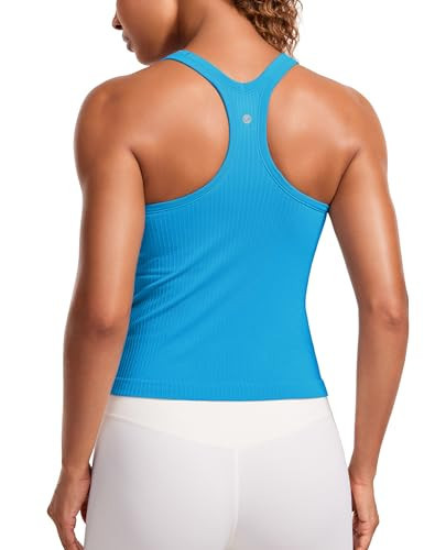 CRZ YOGA Seamless Ribbed Womens Tank Top Racerback Camisoles with Built in Bra Padded Scoop Neck Athletic Workout Slim Tanks Madagascar Blue X-Large | Amazon (US)