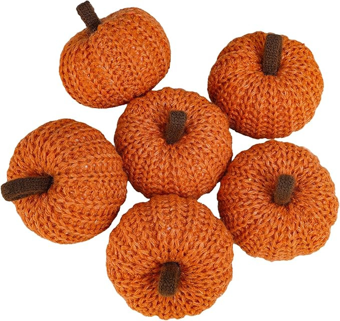 Winlyn Set of 6 Faux Fall Orange Crochet Pumpkins - Small Knit Foam Pumpkins for Rustic Farmhouse... | Amazon (US)