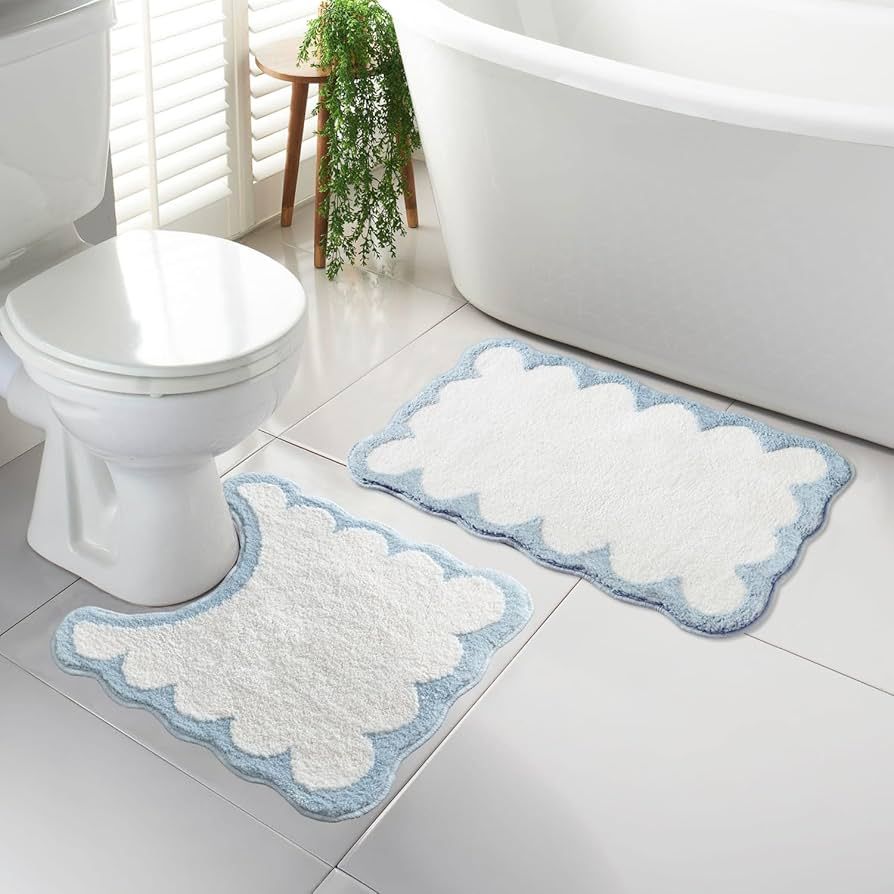 Scalloped Bathroom Rugs Sets 2 Piece, 18x26 and 24x20 U Shaped Toilet Rug, Non Slip Microfiber Ab... | Amazon (US)