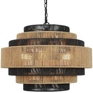 Luster Boho 24 in. 6-Light 7-Tier Hand Woven Rattan Pendant Chandelier Light with Large Shade and... | The Home Depot