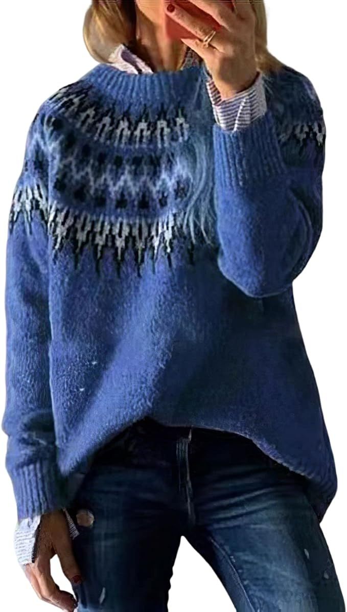 Fair Isle Sweater Women Vintage Fair Isle Crewneck Knitted Long Sleeve Pullover Sweater for Women | Amazon (US)