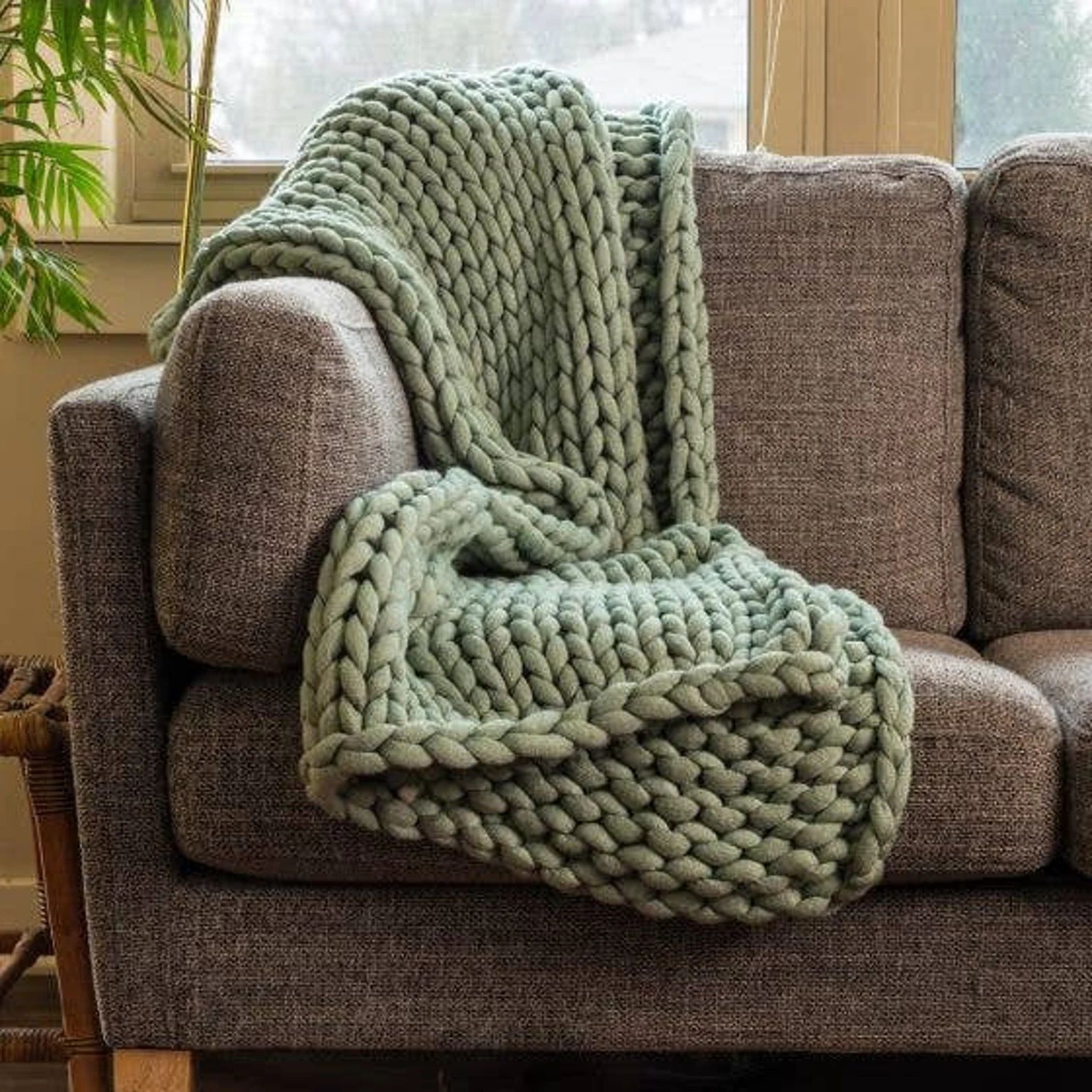 Soft Sage Green Chunky Knit Throw Blanket. Soft Hand Woven | Etsy | Etsy (US)