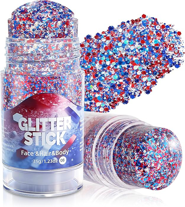 4th of July Face Glitter Stick,1.23 OZ Red, White and Blue Hair Glitter Patriotic Accessories Out... | Amazon (US)