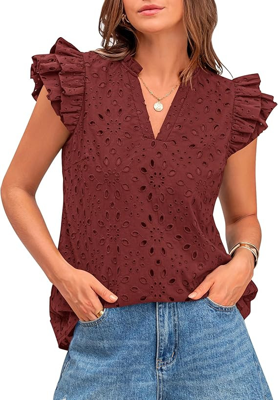 BTFBM Women Eyelet Spring Summer Tops Dressy Casual V Neck Ruffle Cap Sleeve Cotton Boho Shirts E... | Amazon (US)