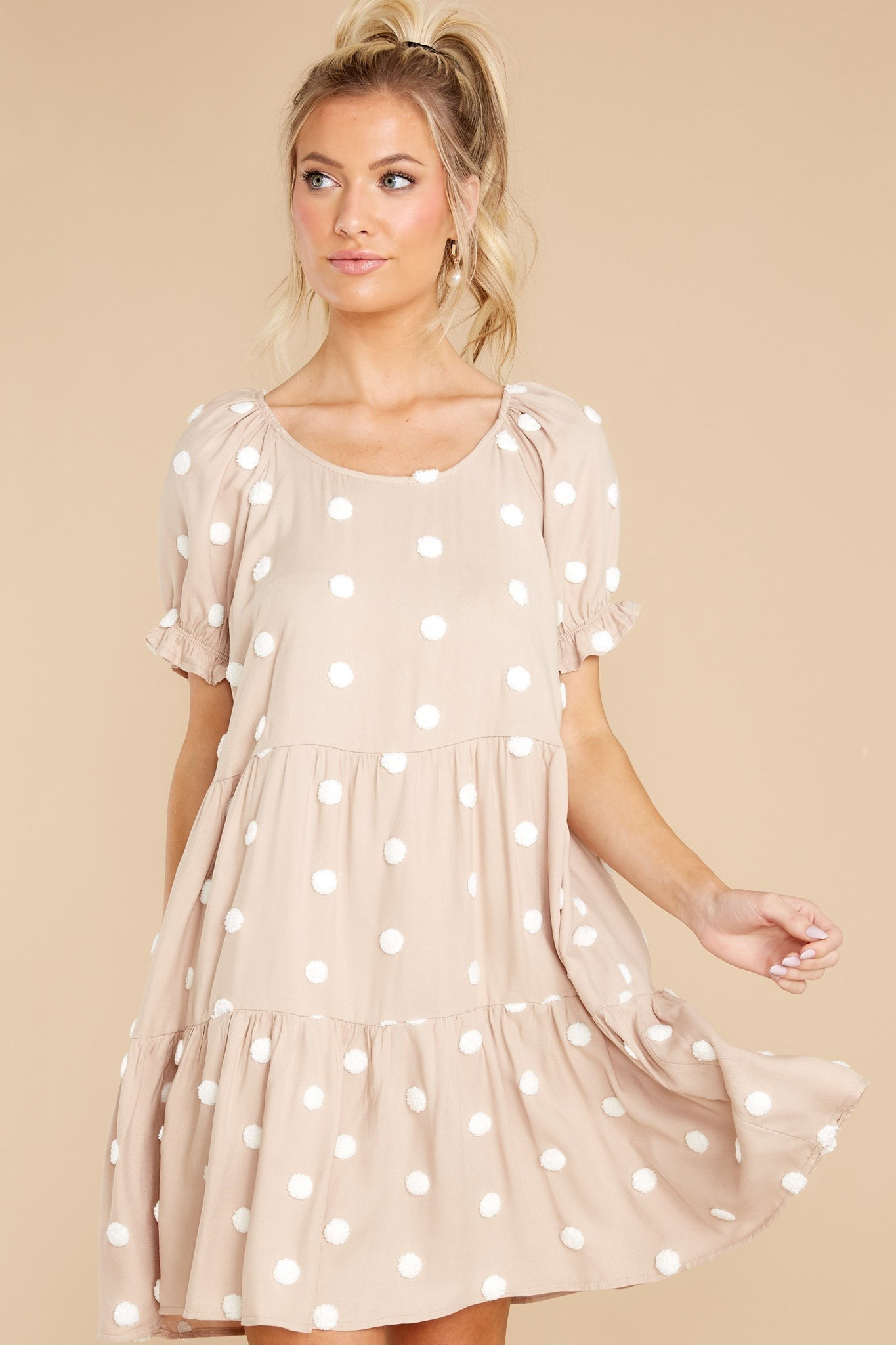 She Loves To Twirl Taupe Polka Dot Dress | Red Dress 