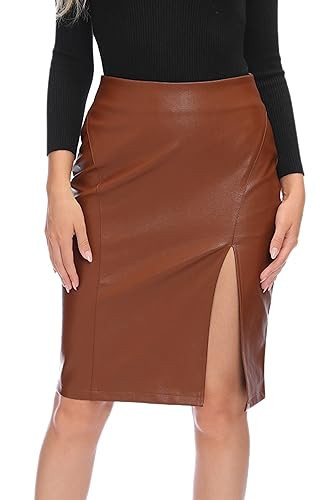 GUANYY Women's High Waisted Faux Leather Midi Pencil Skirt - Classic & Slim (996_Brown, XX-Large) | Amazon (US)